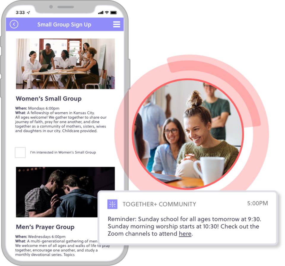 Aware3 mobile app showing small group sign-up and community notifications