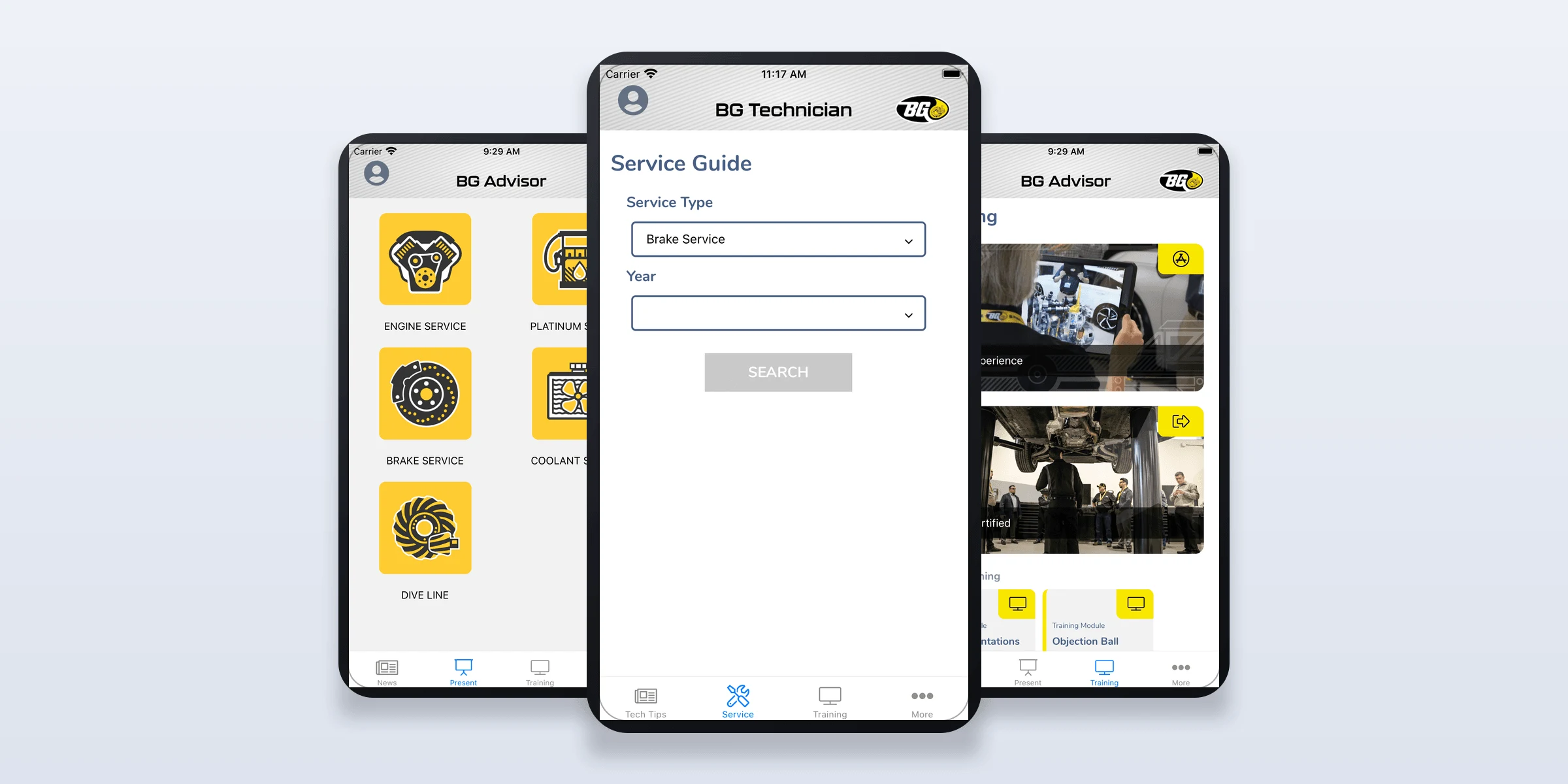 BG Tech vehicle service guide lookup alongside the BG Advisor presentation and training screens