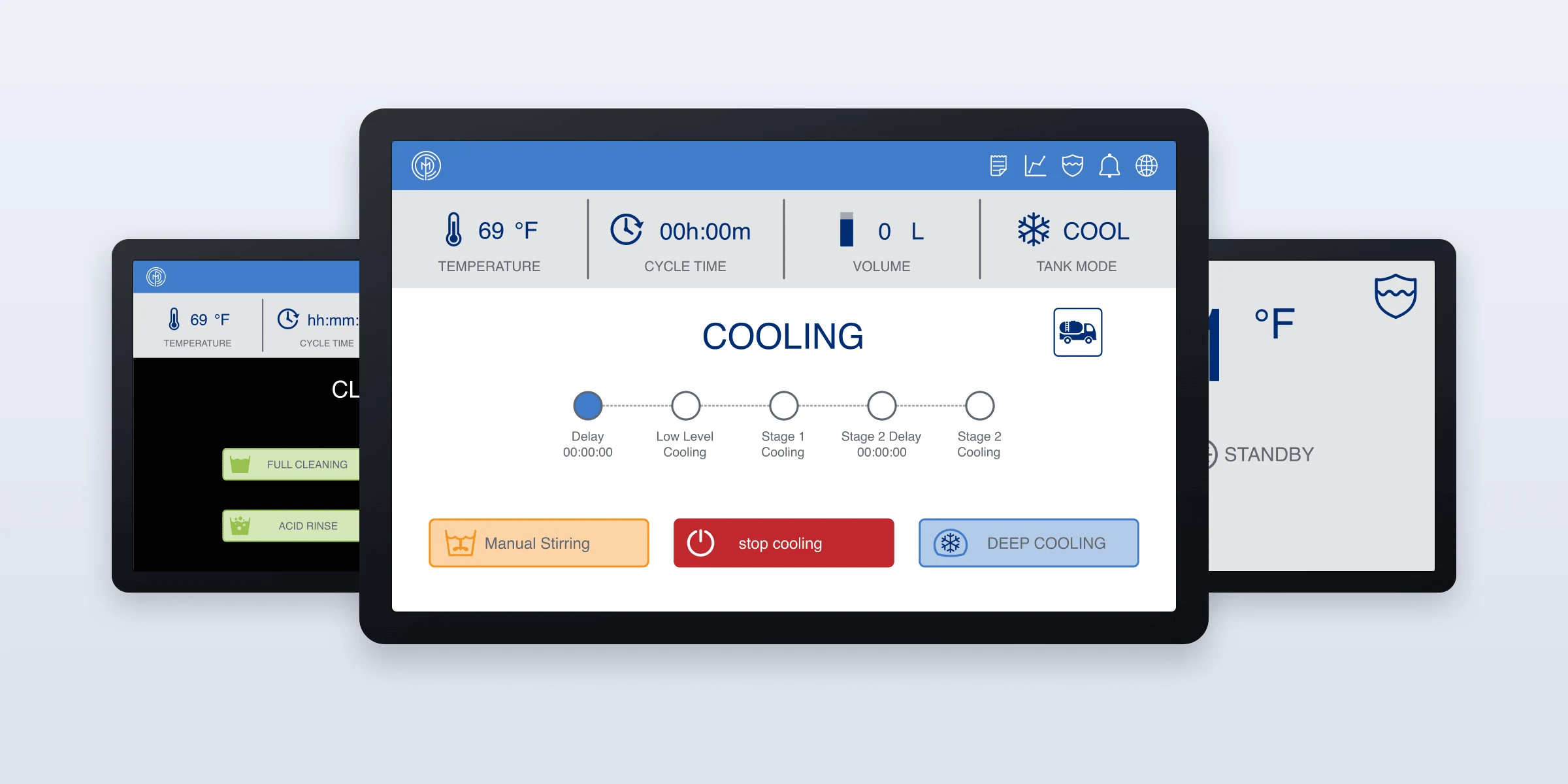 Touch panel control screens showing cooling status, cleaning cycle selection, and the at-a-glance standby display