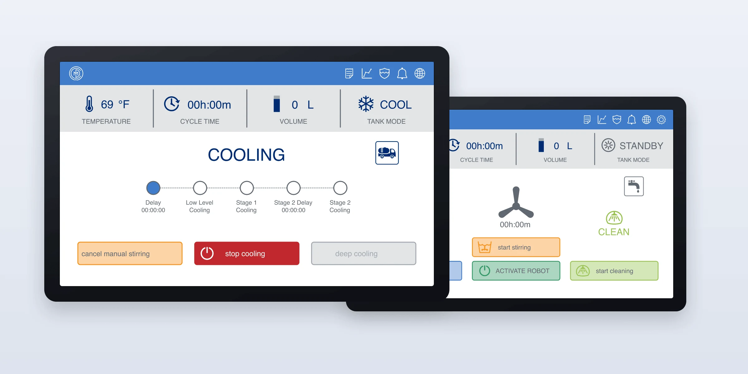 Cooling stages in progress alongside the standby screen with stirring, cleaning, and robot activation controls
