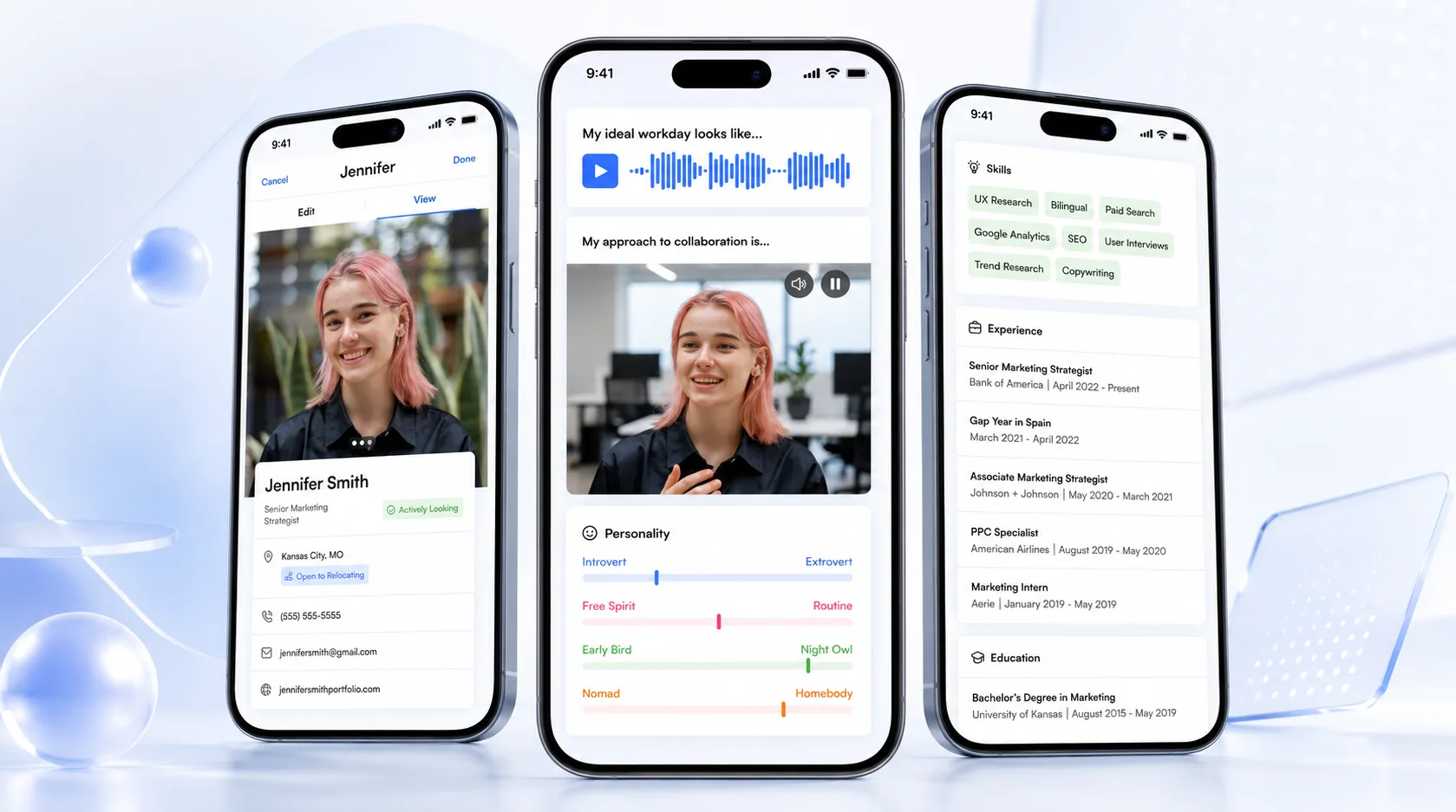 Top Applicant React Native mobile app on three iPhones showing the candidate profile, an audio and video workday introduction with personality sliders, and a detailed skills, experience, and education view