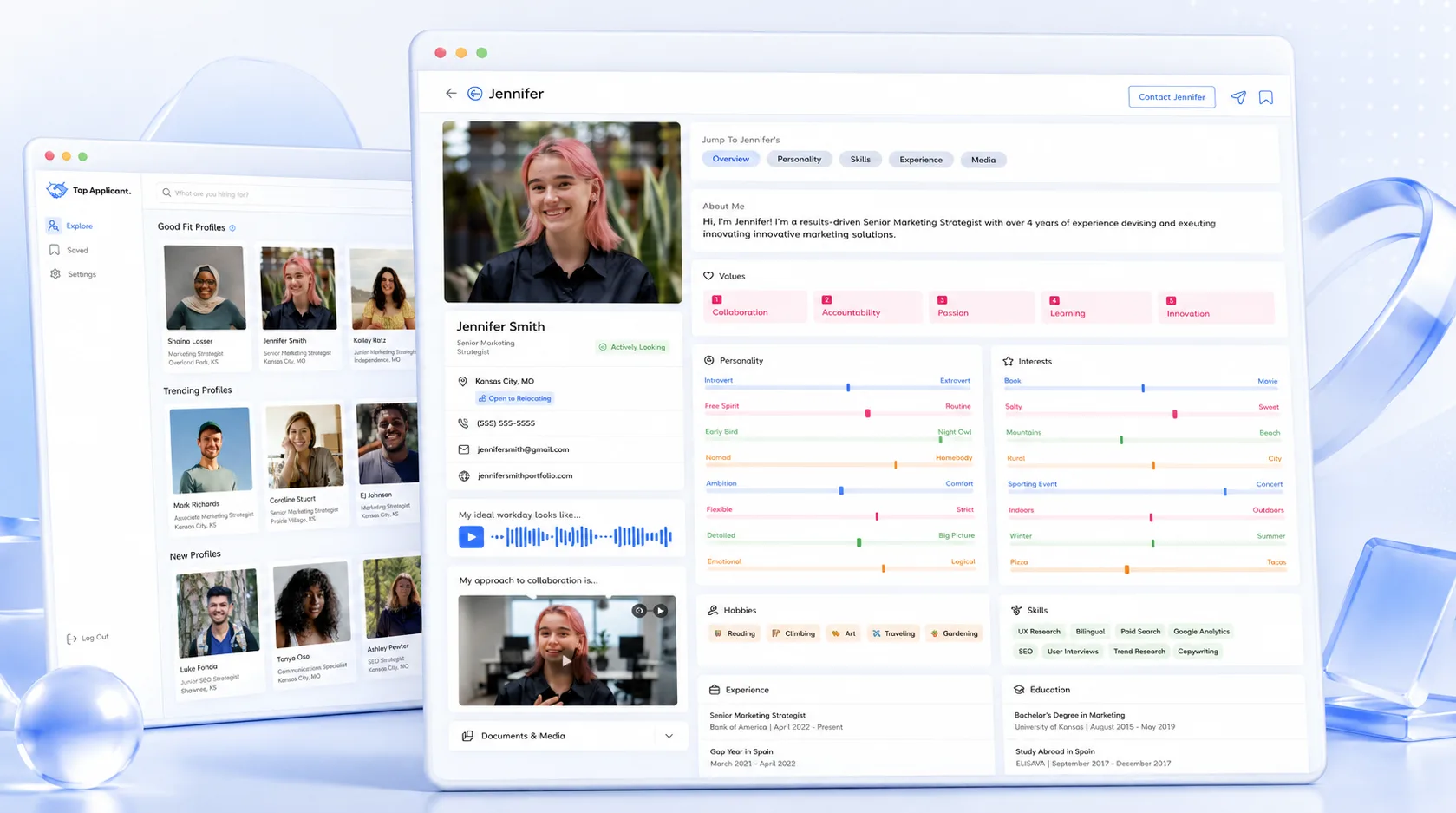 Top Applicant web platform showing a candidate's expanded profile with video introduction, personality and Bruder Index sliders, skills, experience, and education — alongside a sidebar of recent, trending, and top profiles