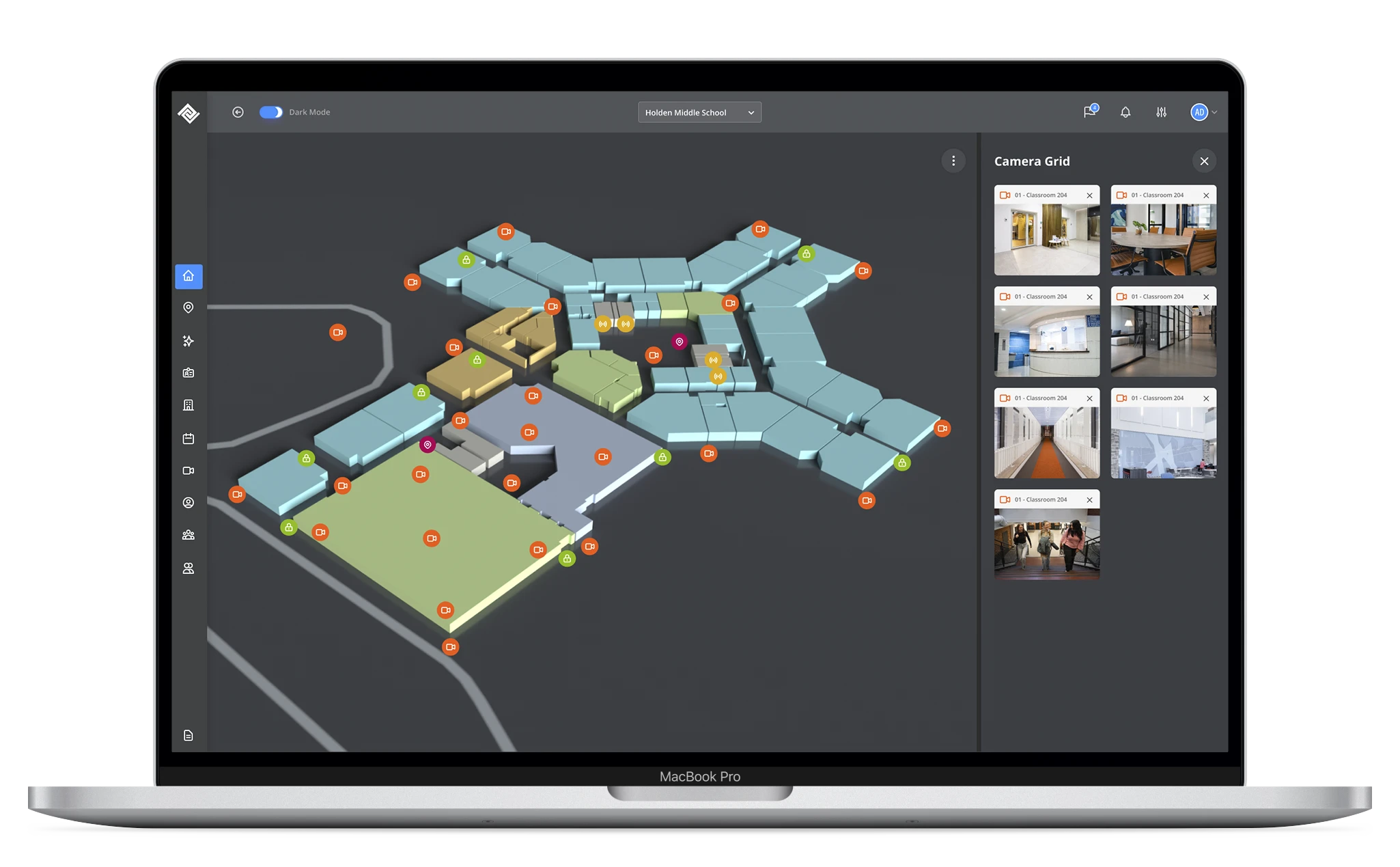 Real-time map and camera grid dashboard mockup in laptop frame